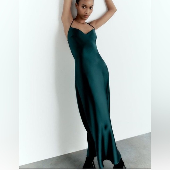 Zara Satin Effect Lingerie Style Peacock Emerald Green Maxi Dress $89.90 - Picture 6 of 9
